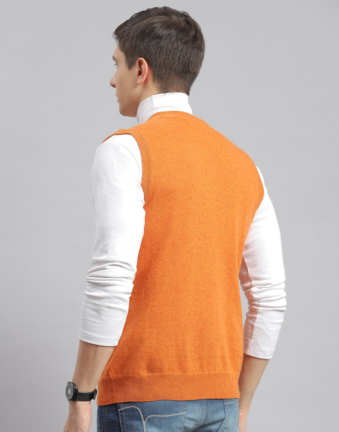 Men Orange Solid V Neck Sleeveless Sweater