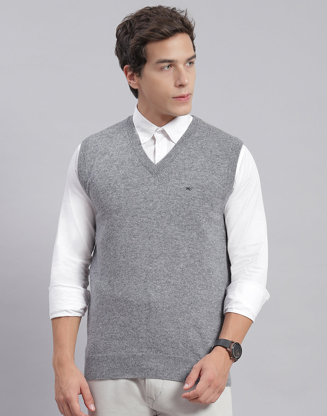 Men Grey Melange Solid V Neck Sleeveless Sweater