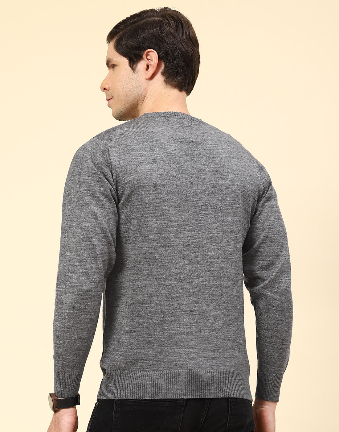 Men Grey Solid V Neck Full Sleeve Pullover