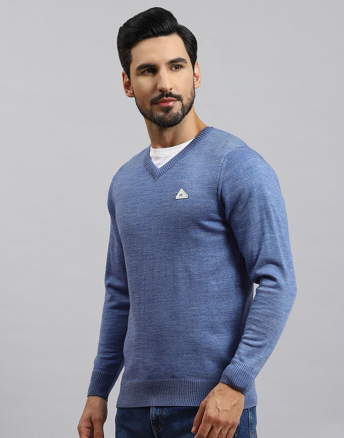 Men Blue Solid V Neck Full Sleeve Pullover