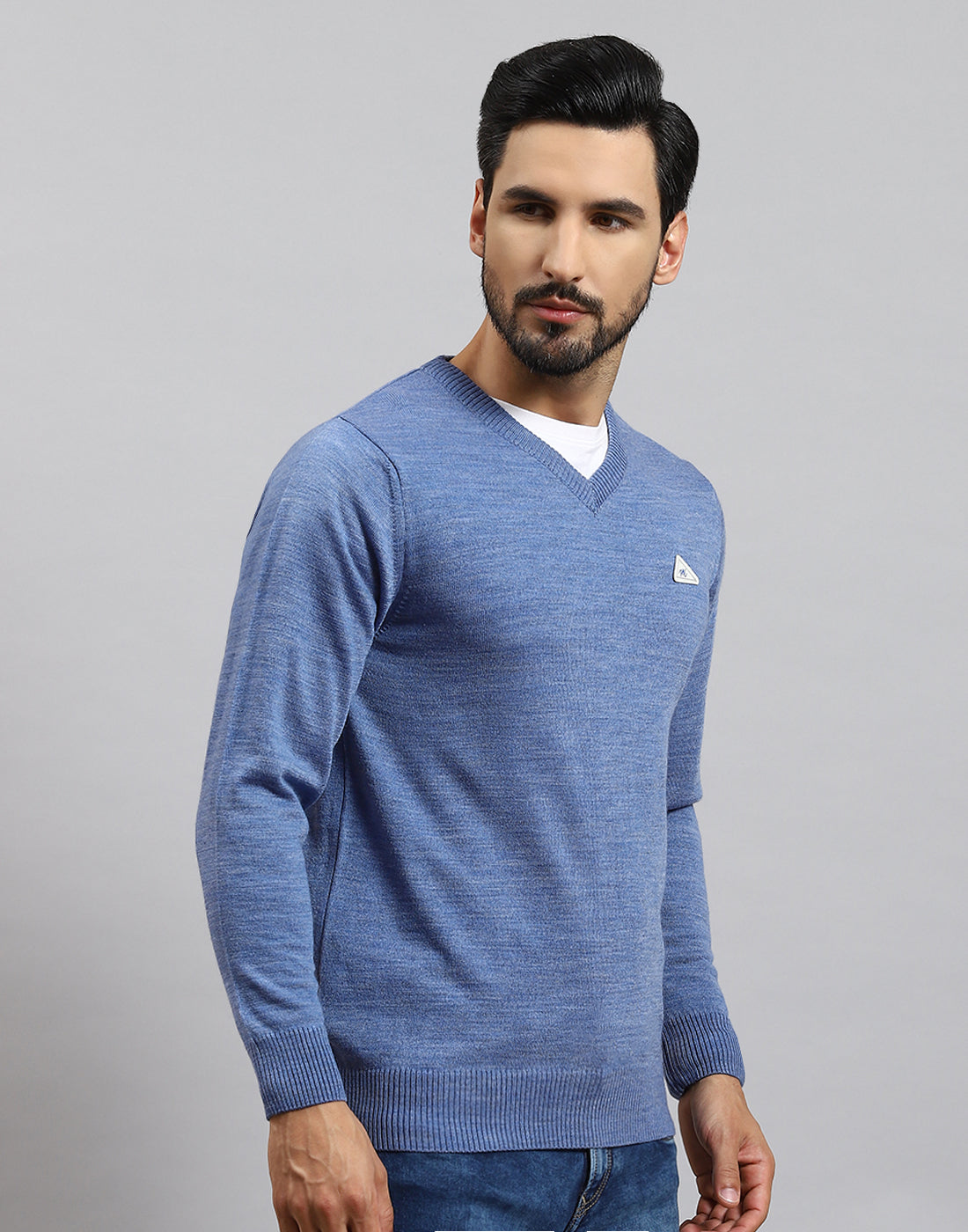 Men Blue Solid V Neck Full Sleeve Pullover