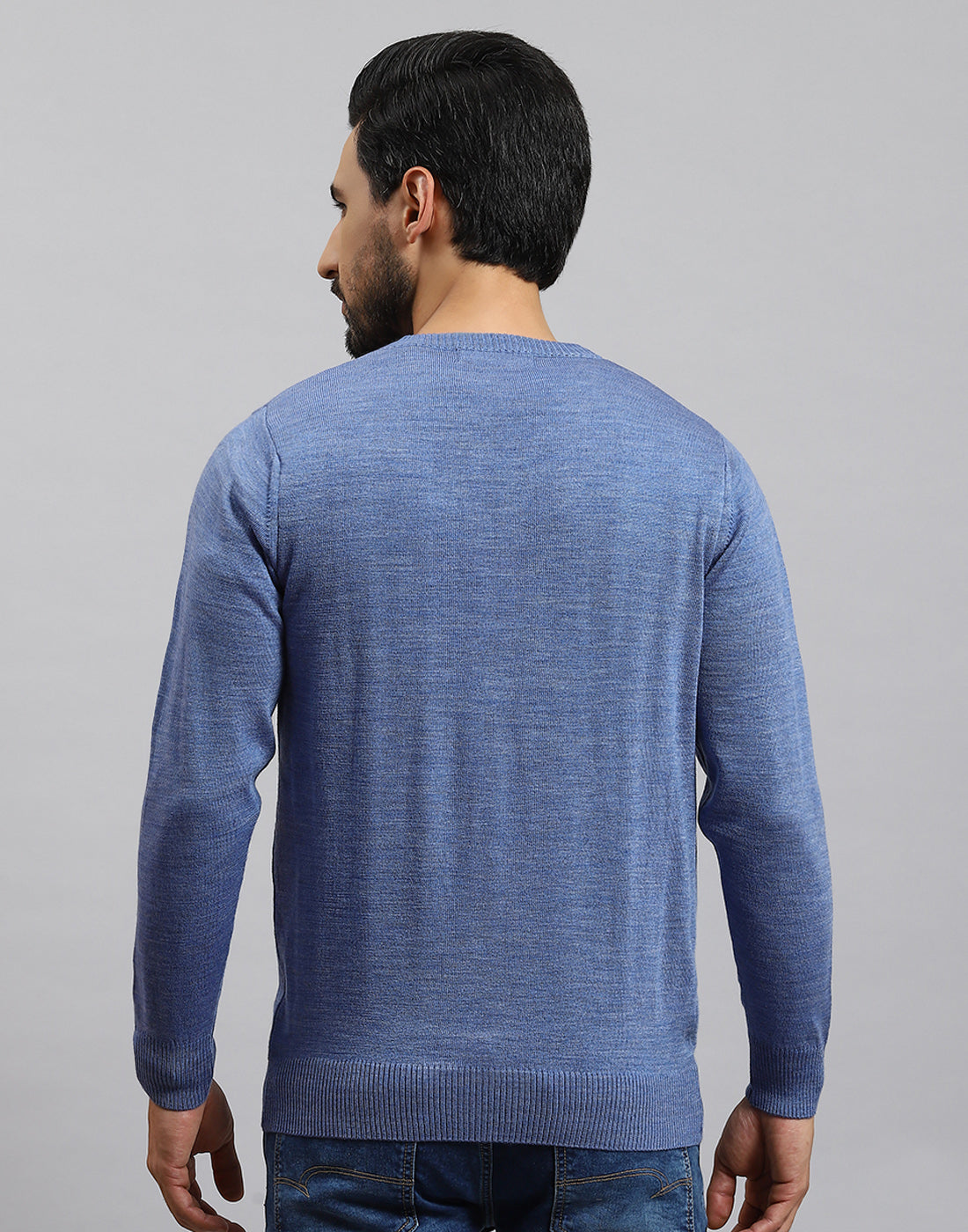 Men Blue Solid V Neck Full Sleeve Pullover