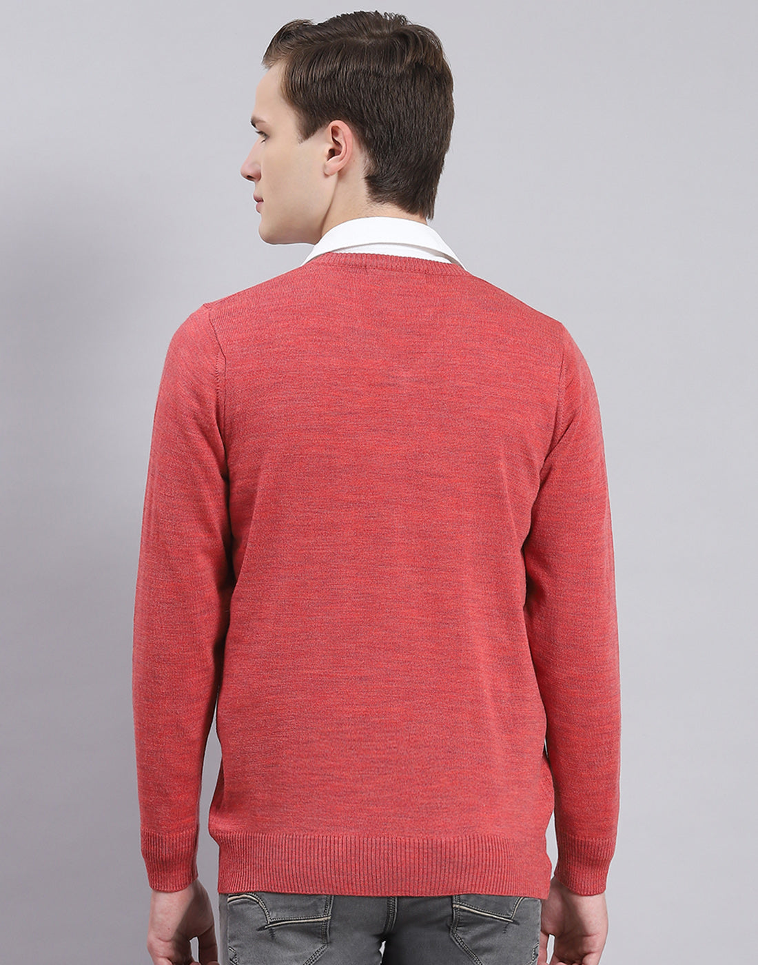 Men Red Solid V Neck Full Sleeve Pullover