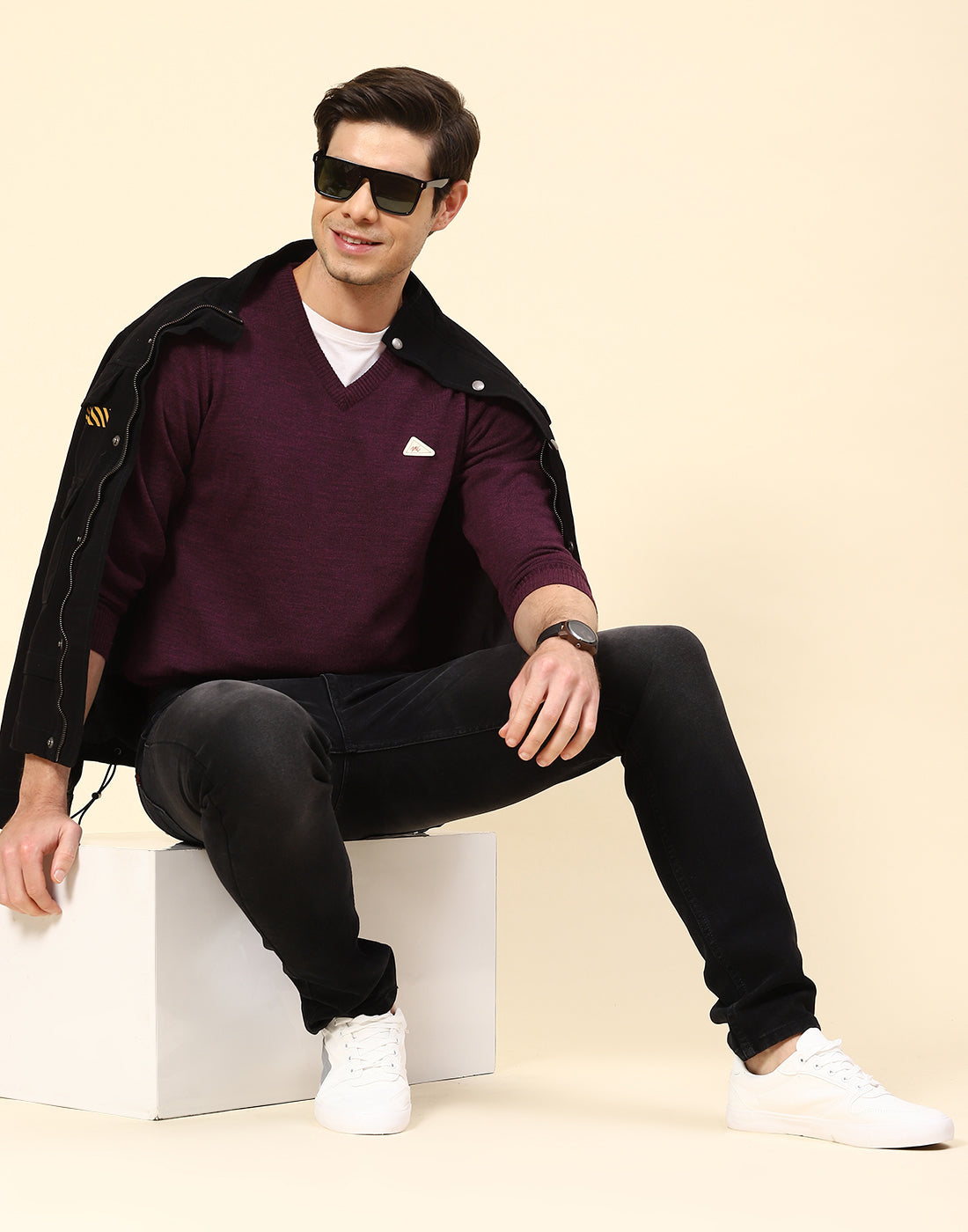 Men Purple Solid V Neck Full Sleeve Pullover