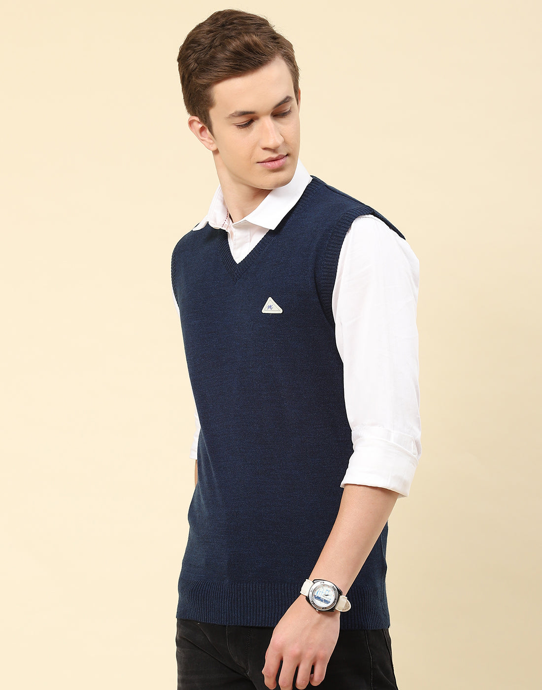 Men Blue Solid V Neck Sleeveless Sweater