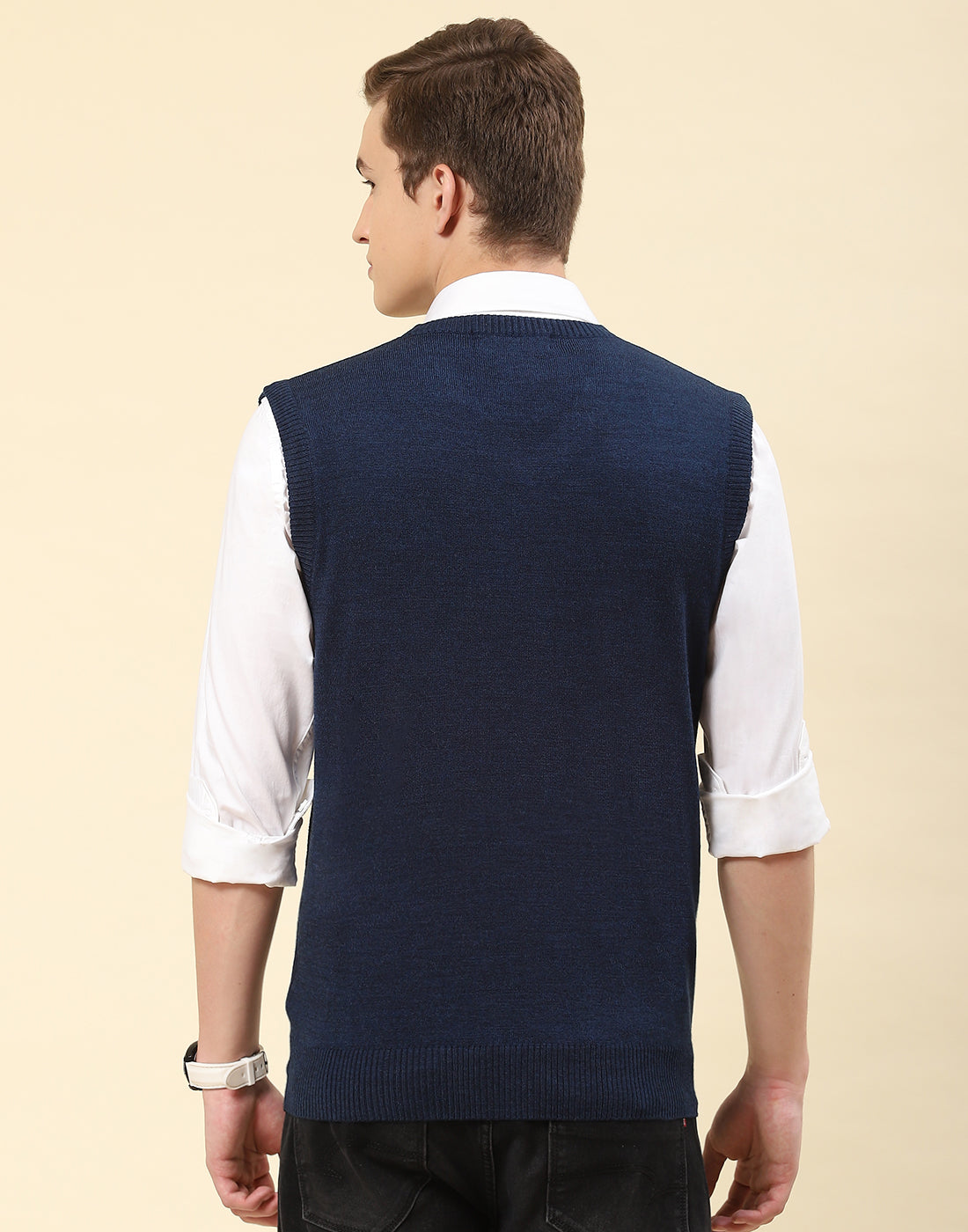 Men Blue Solid V Neck Sleeveless Sweater