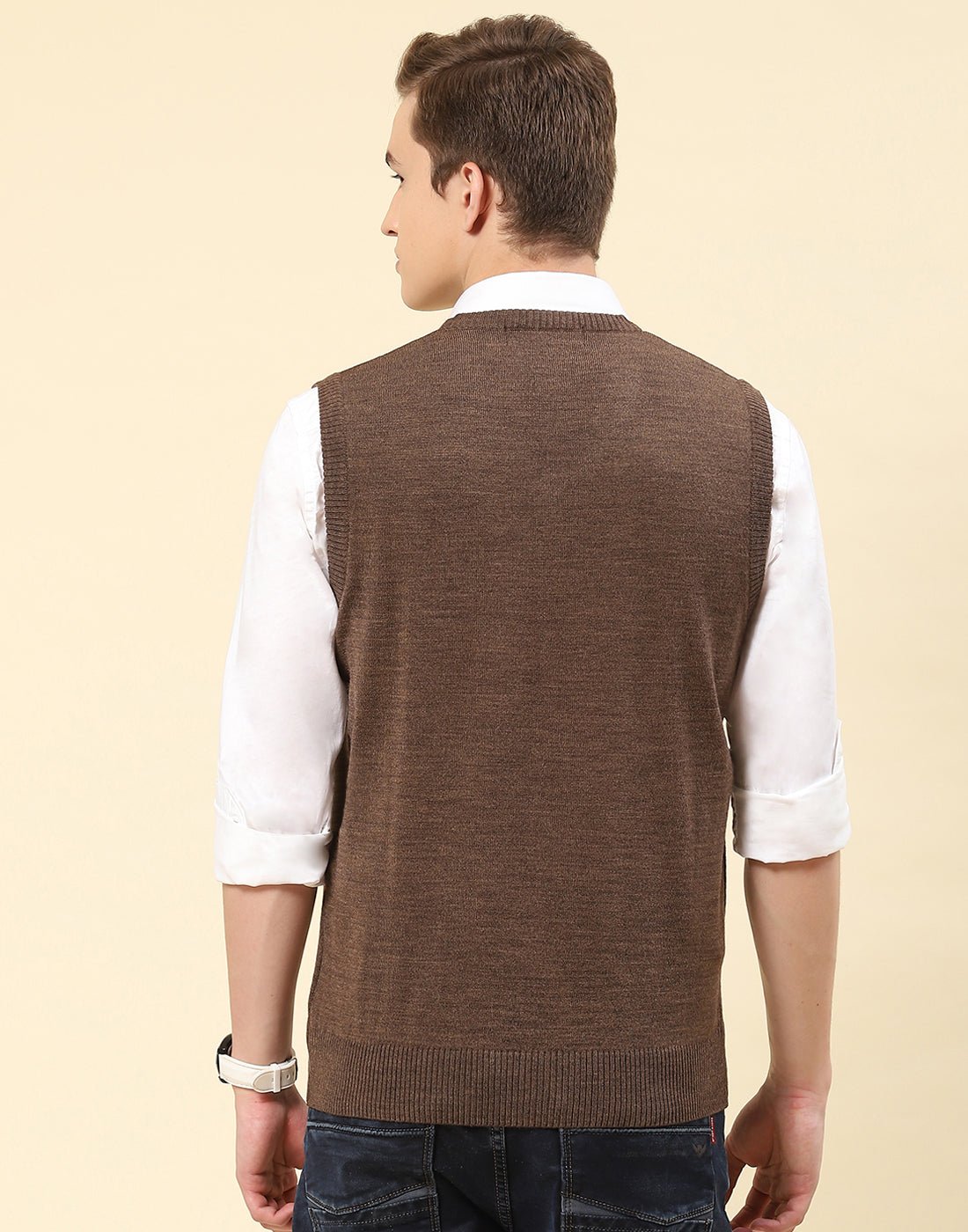 Men Brown Solid V Neck Sleeveless Sweater