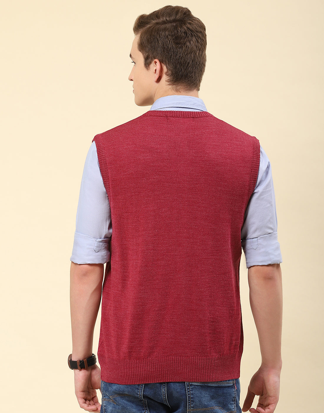 Men Red Solid V Neck Sleeveless Sweater