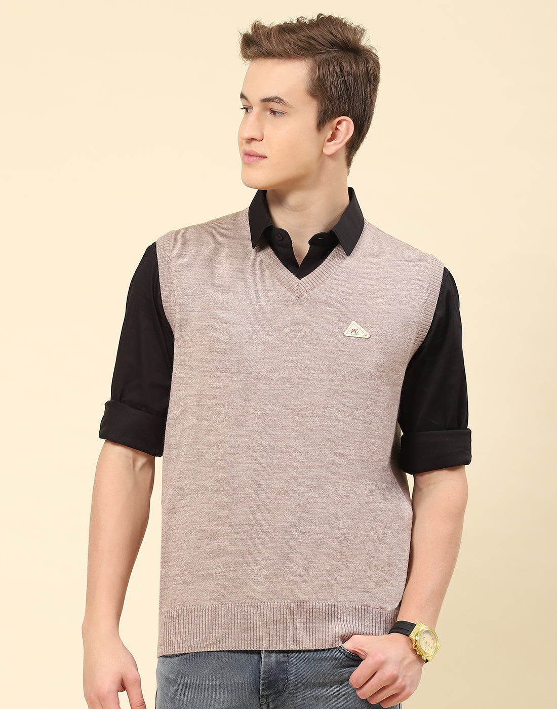 Men Grey Solid V Neck Sleeveless Sweater