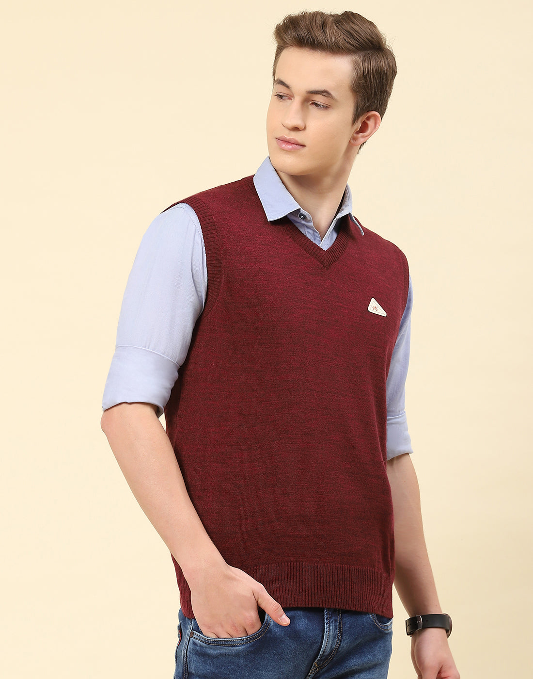 Men Maroon Solid V Neck Sleeveless Sweater