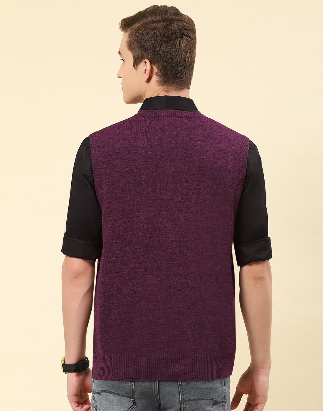 Men Purple Solid V Neck Sleeveless Sweater