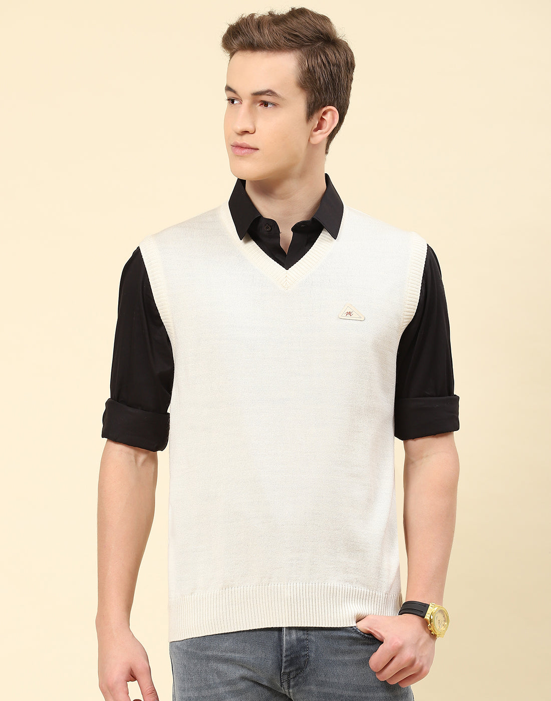 Men Cream Solid V Neck Sleeveless Sweater