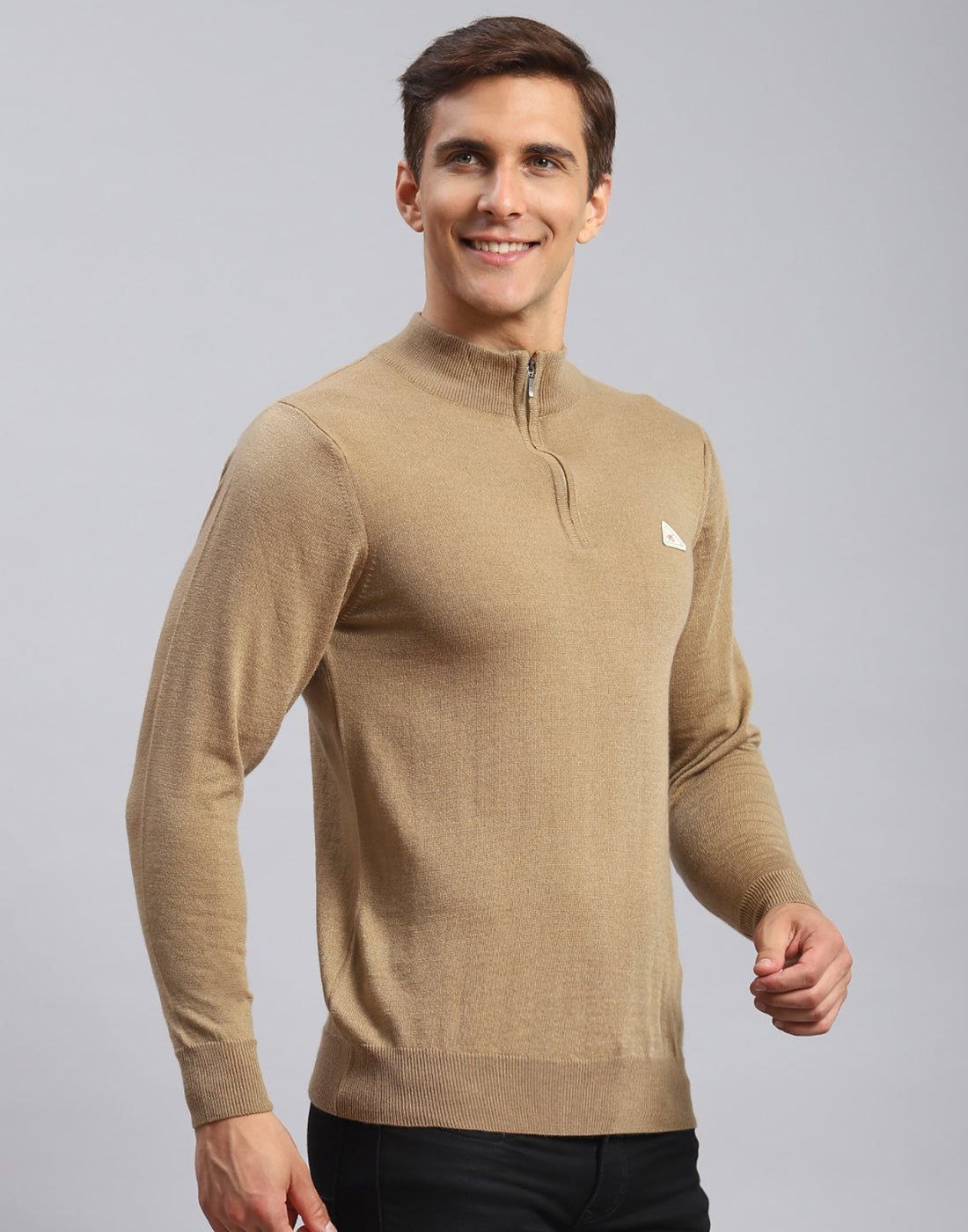 Men Brown Solid High Neck Full Sleeve Pullover