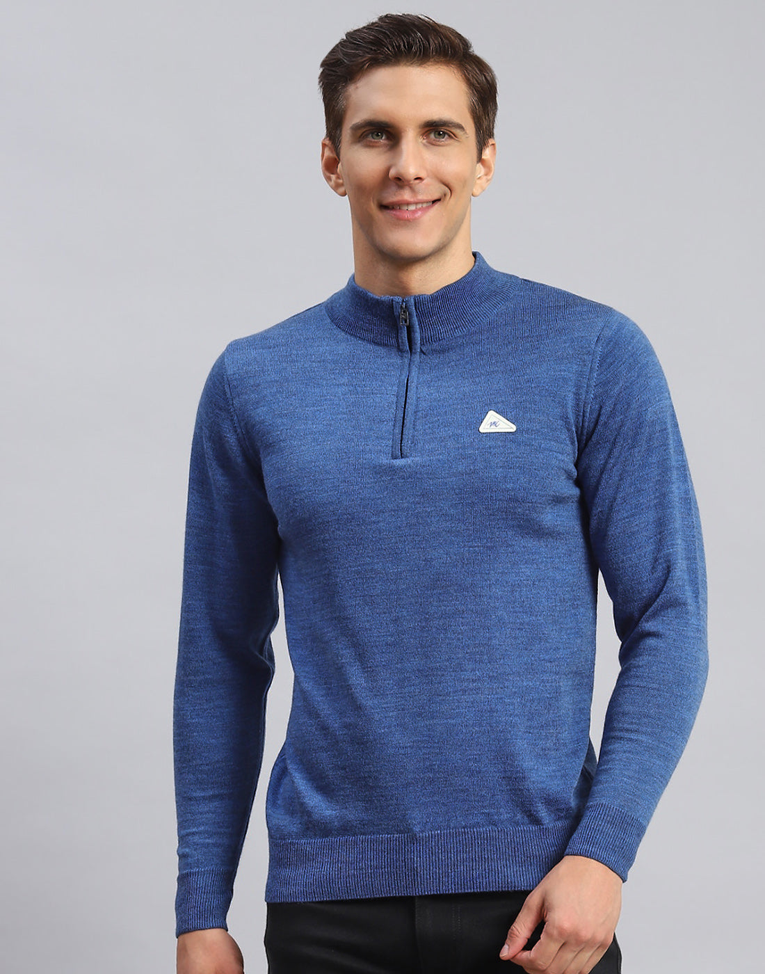 Men Blue Solid High Neck Full Sleeve Pullover