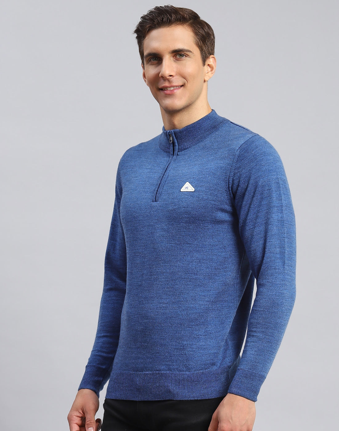 Men Blue Solid High Neck Full Sleeve Pullover