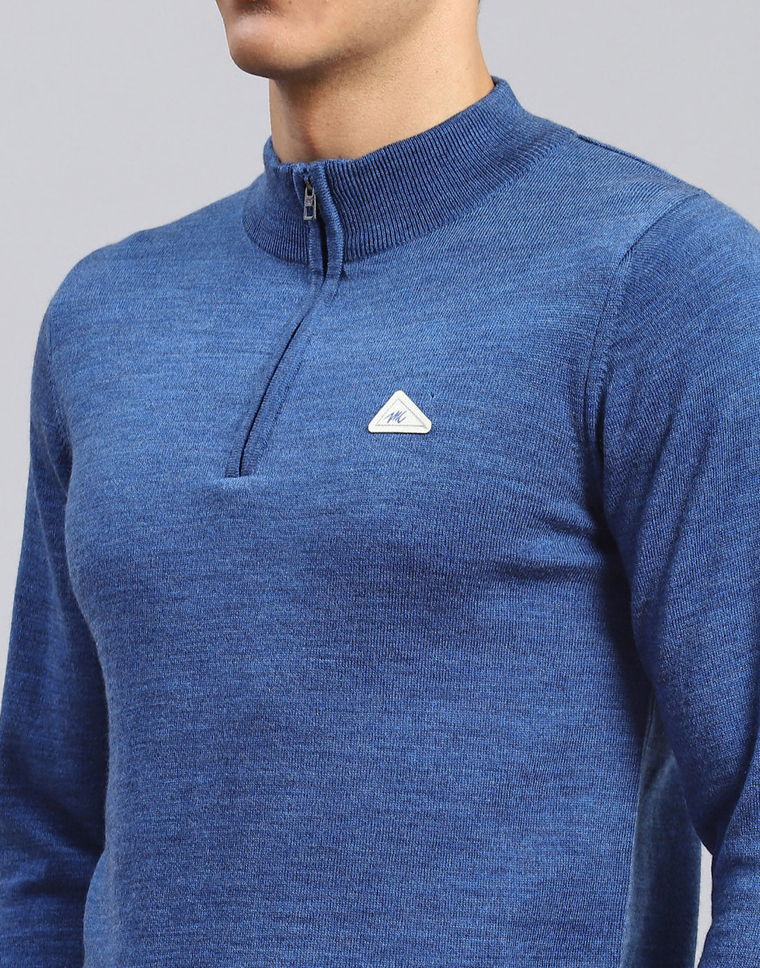 Men Blue Solid High Neck Full Sleeve Pullover