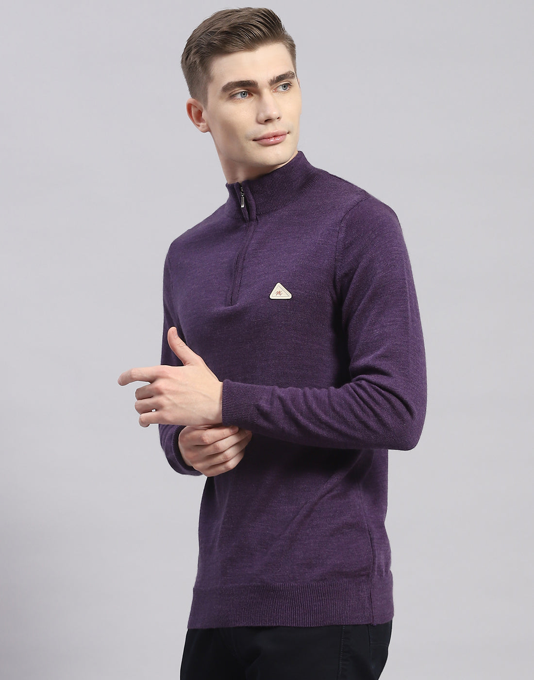 Men Purple Solid High Neck Full Sleeve Pullover