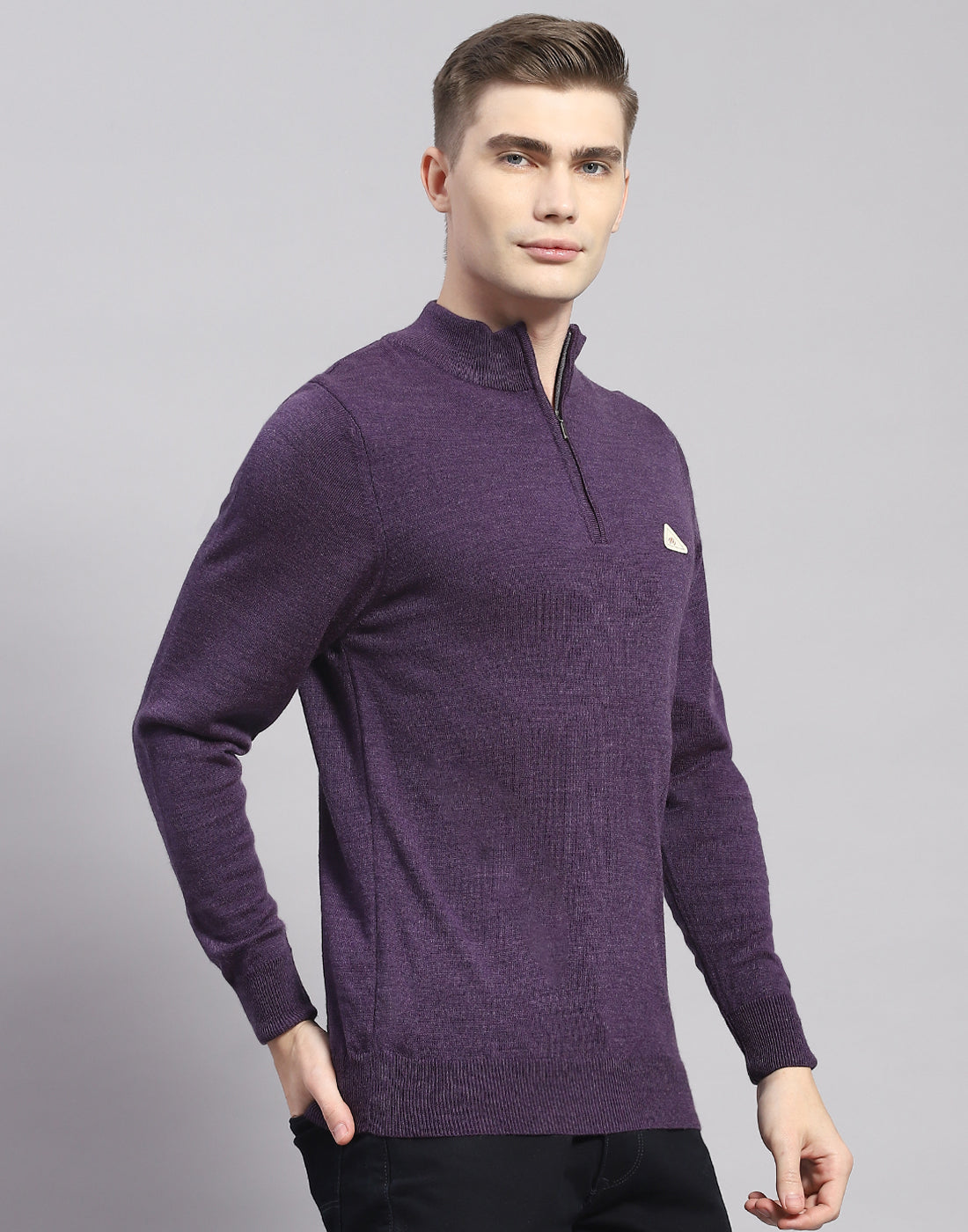 Men Purple Solid High Neck Full Sleeve Pullover