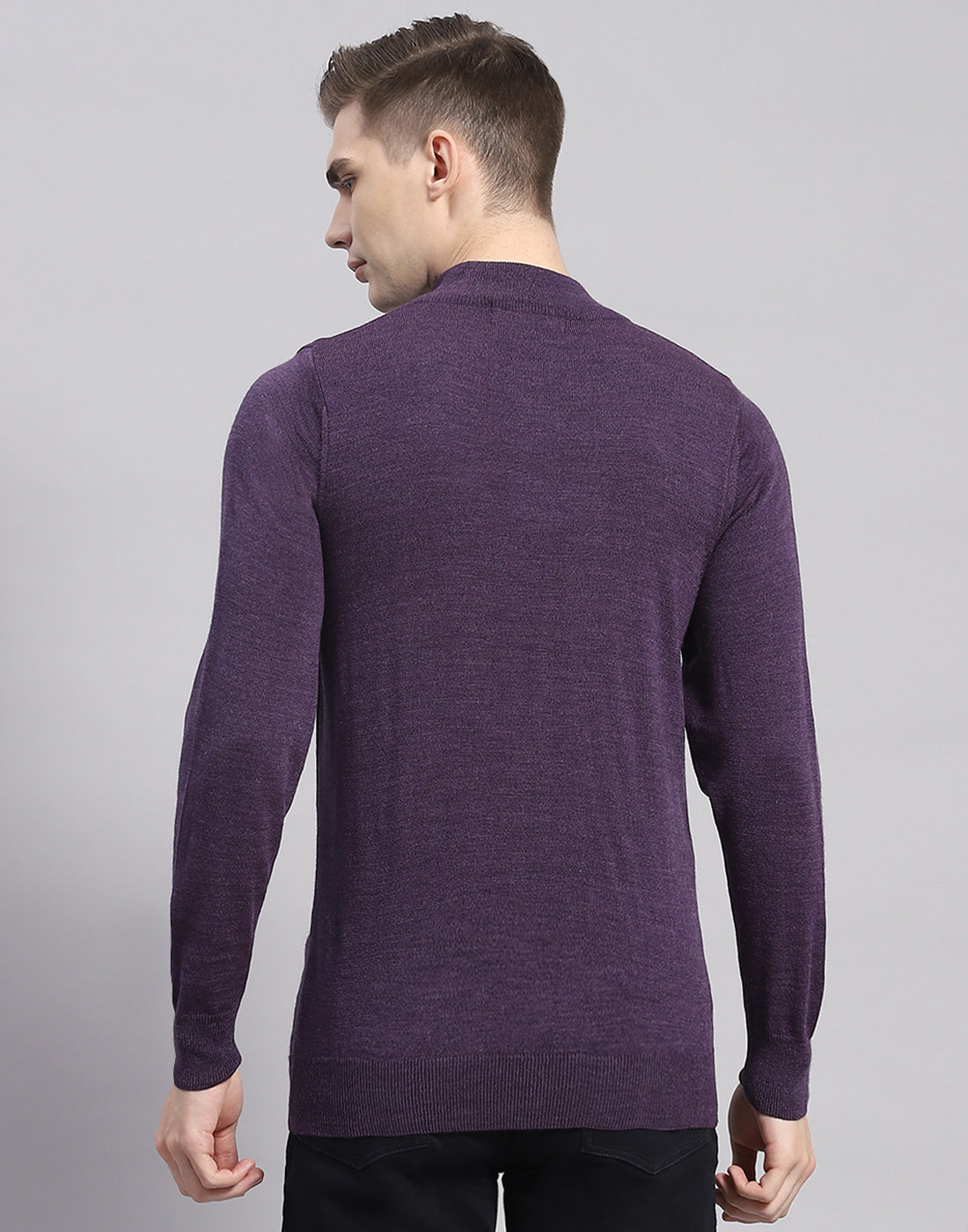 Men Purple Solid High Neck Full Sleeve Pullover