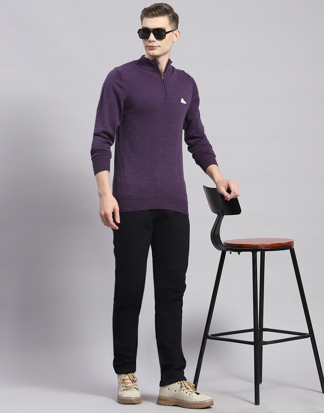 Men Purple Solid High Neck Full Sleeve Pullover