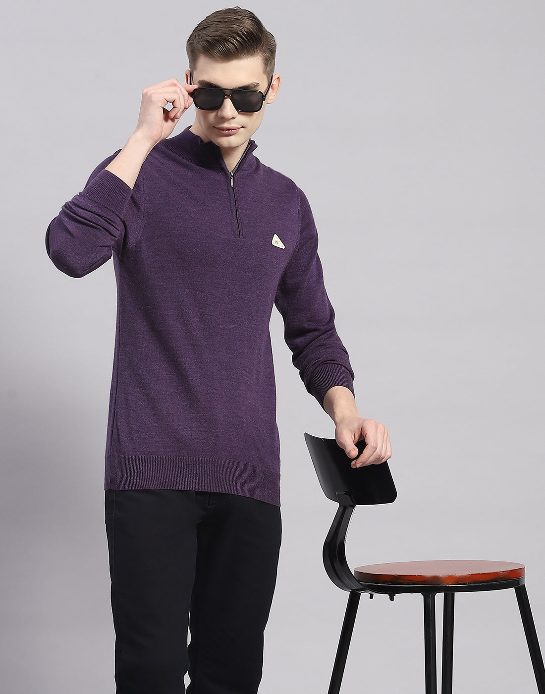 Men Purple Solid High Neck Full Sleeve Pullover