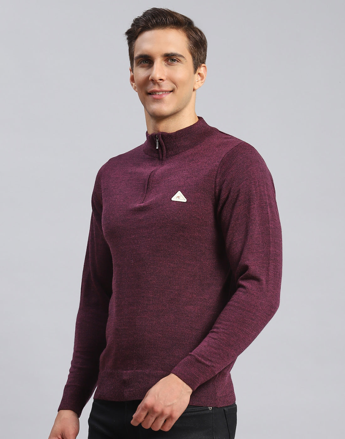 Men Purple Solid High Neck Full Sleeve Pullover