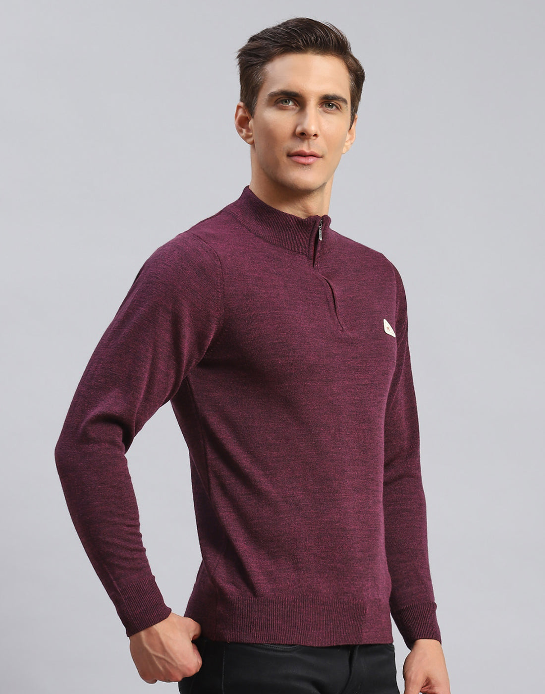 Men Purple Solid High Neck Full Sleeve Pullover