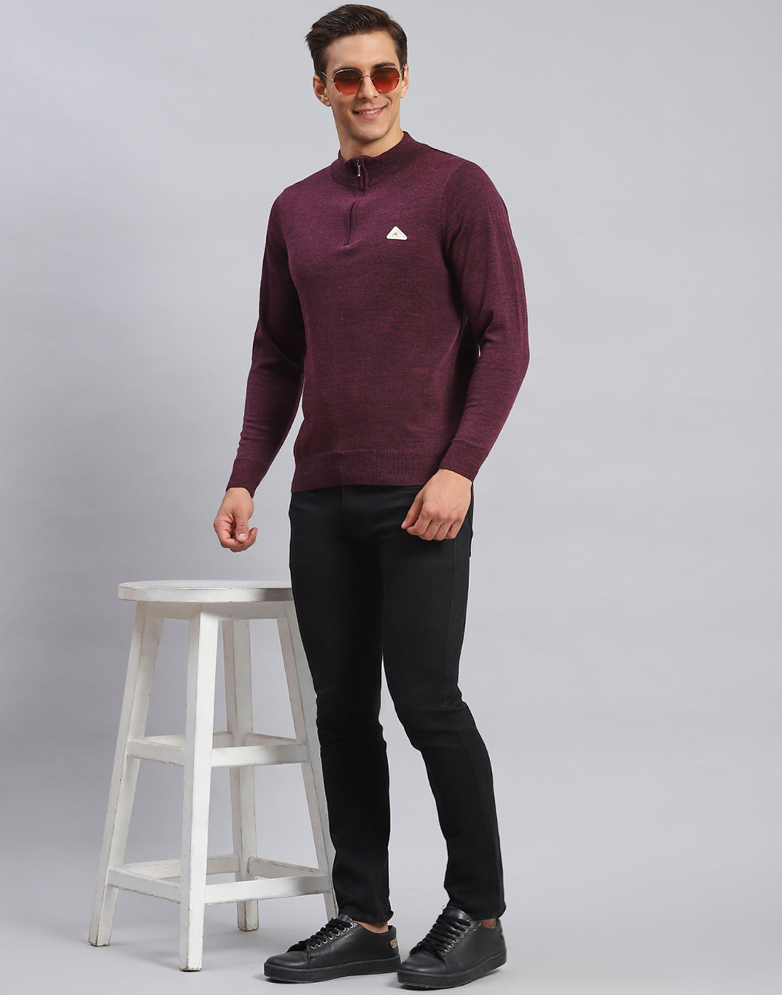 Men Purple Solid High Neck Full Sleeve Pullover