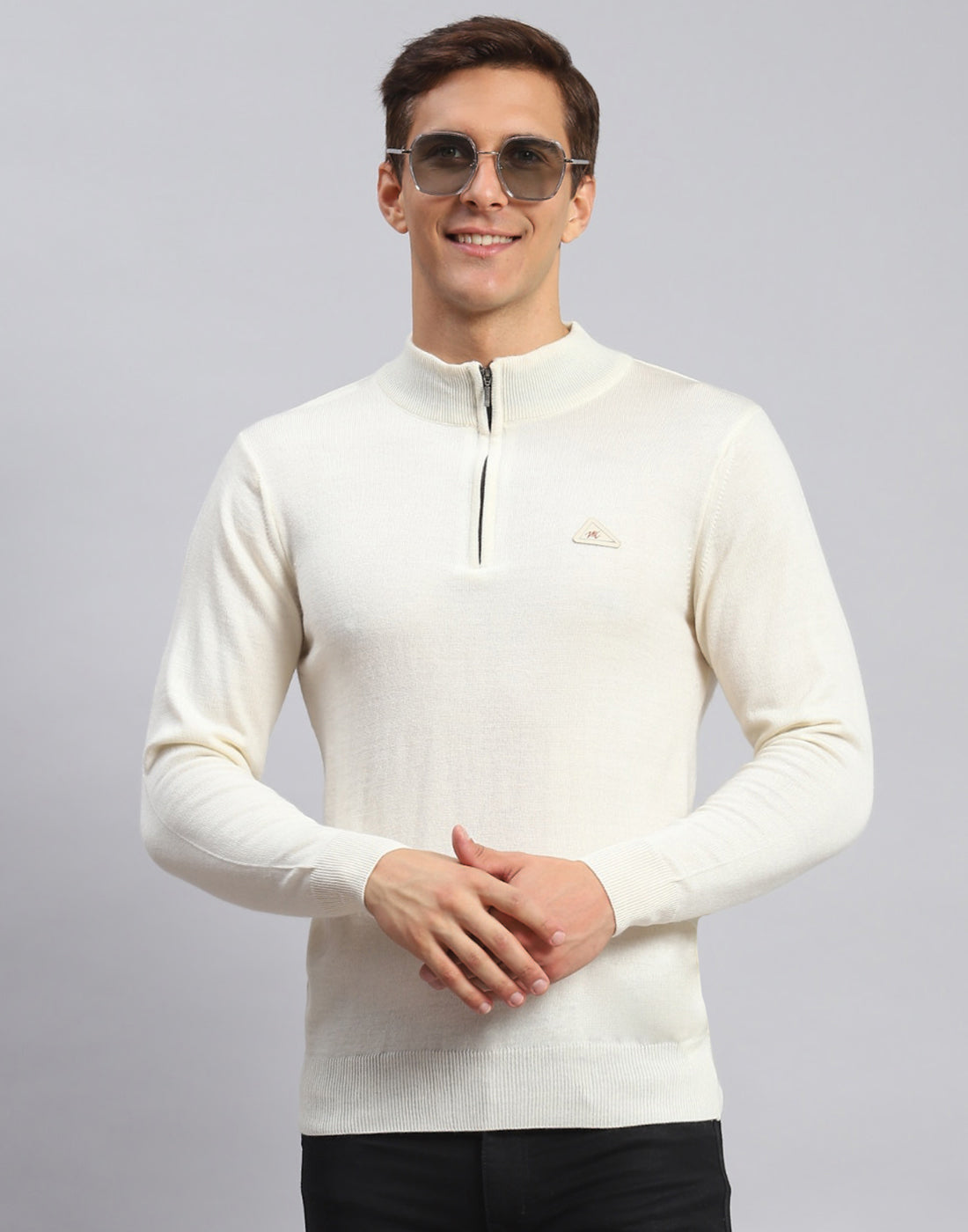 Men Cream Solid High Neck Full Sleeve Pullover