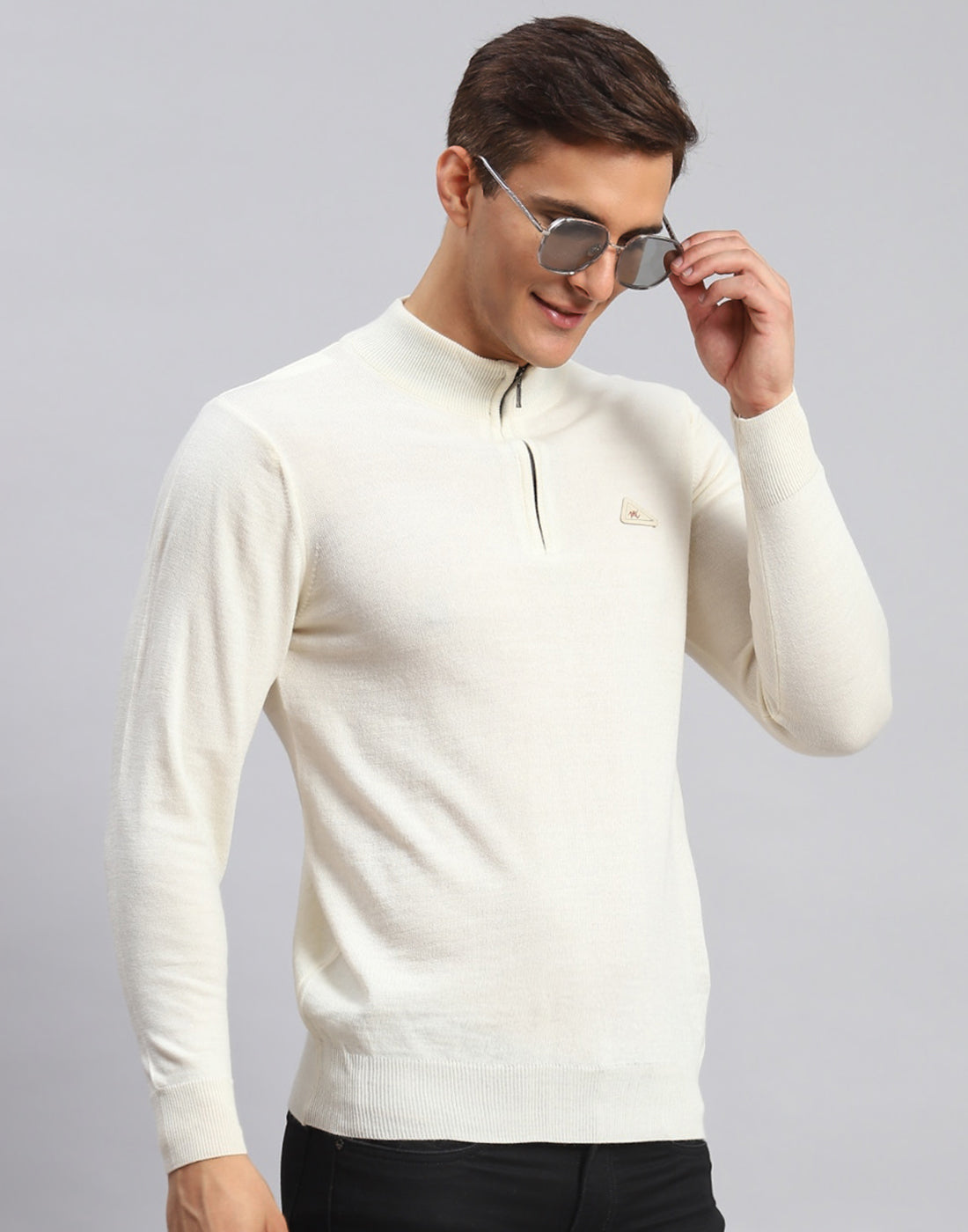 Men Cream Solid High Neck Full Sleeve Pullover