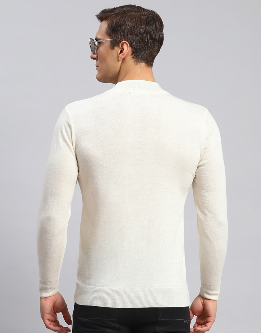 Men Cream Solid High Neck Full Sleeve Pullover