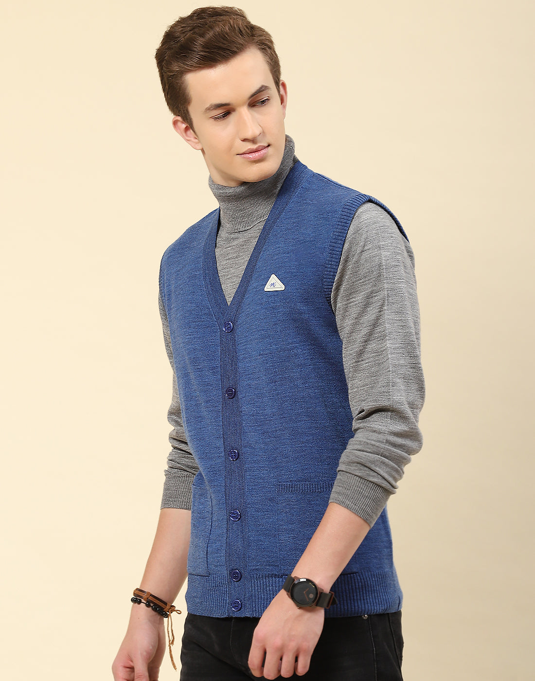 Men Blue Solid V Neck Sleeveless Cardigan