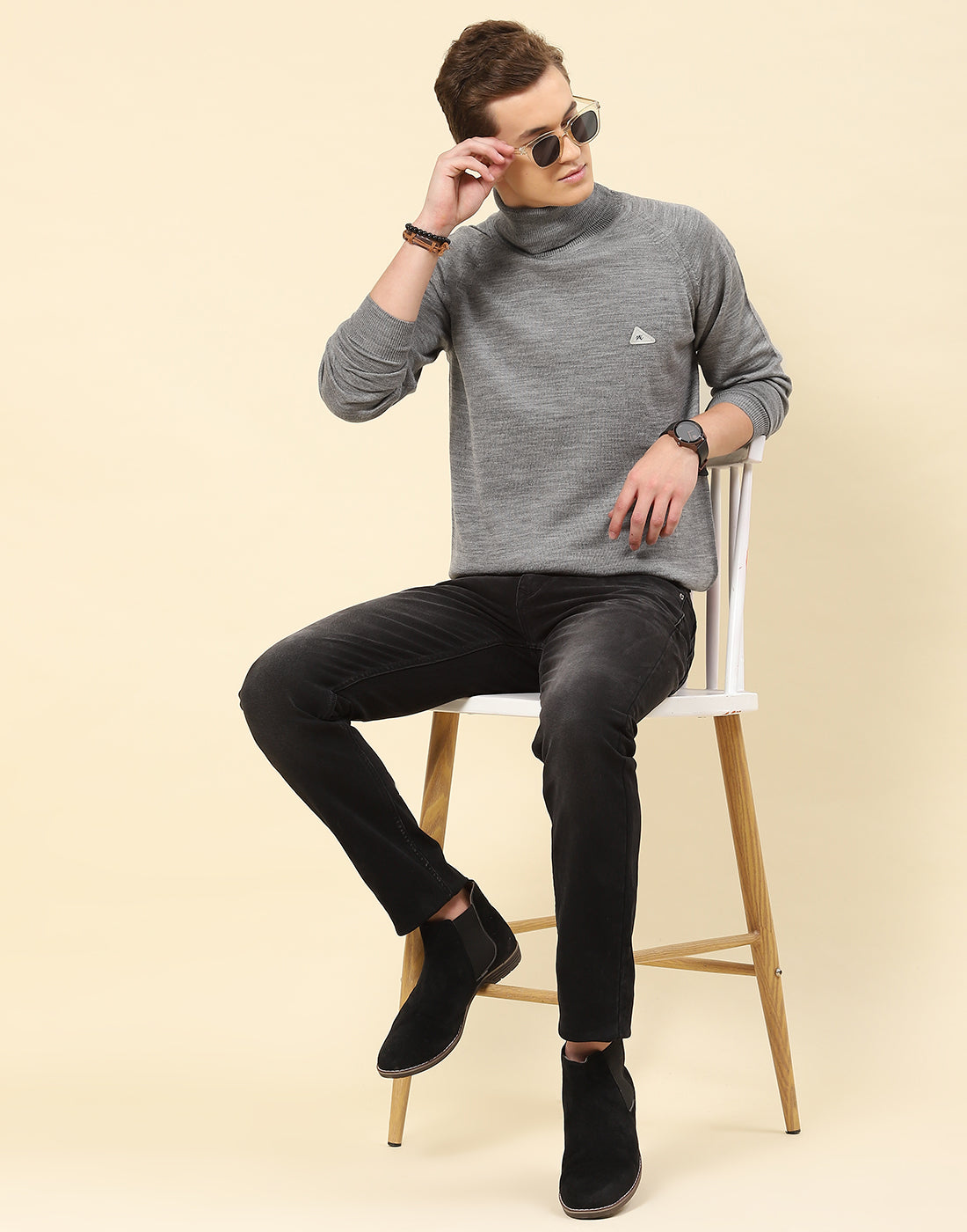 Men Grey Solid High Neck Full Sleeve Pullover