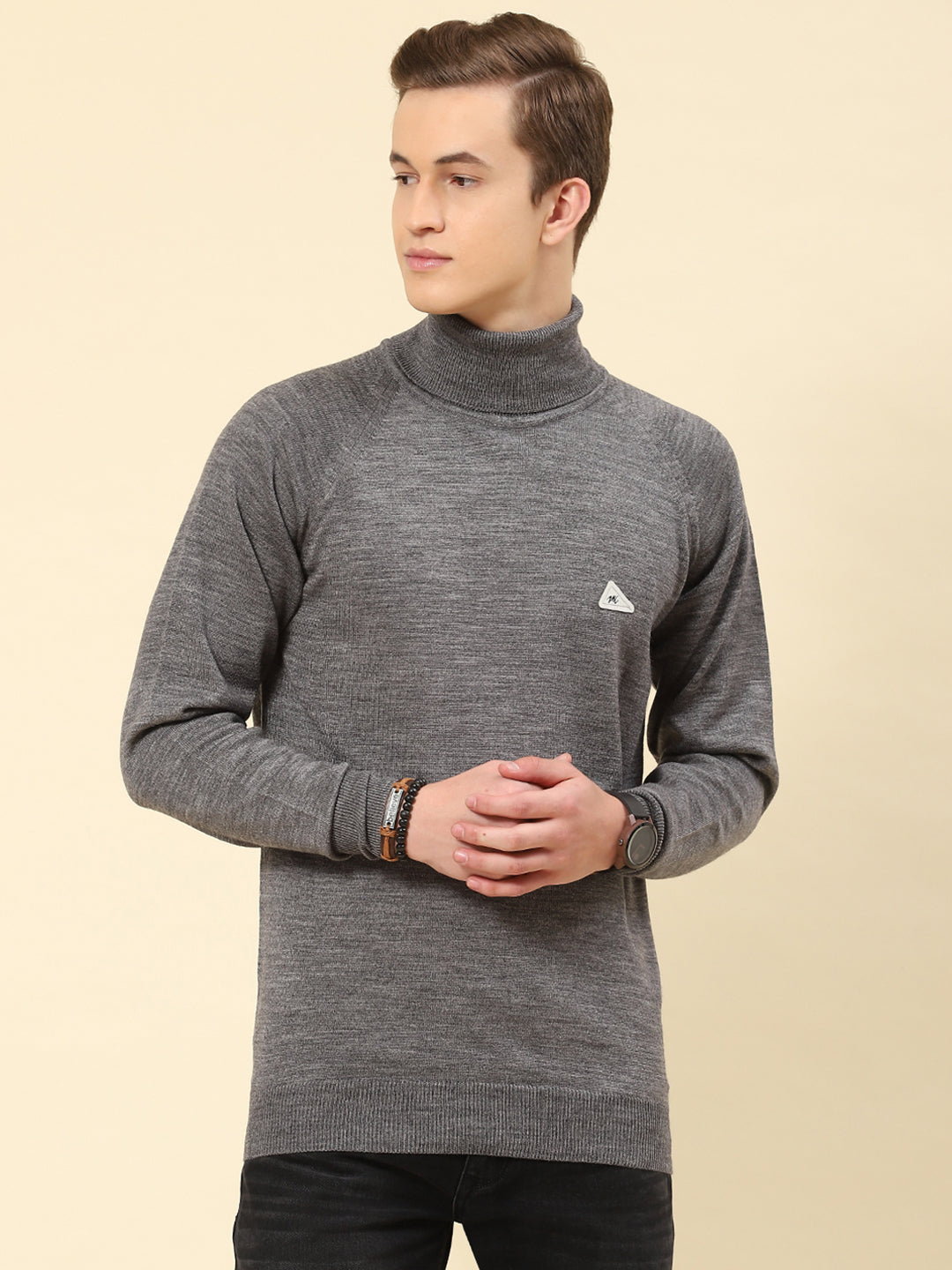 Men Grey Solid Turtle Neck Full Sleeve Pullover