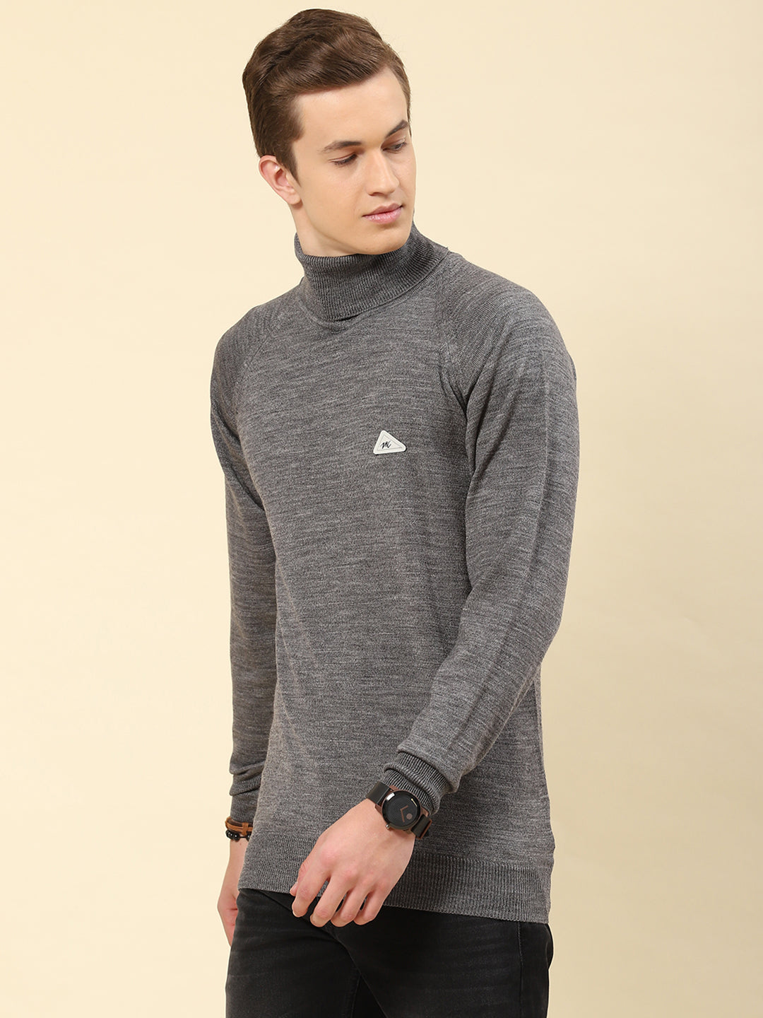 Men Grey Solid Turtle Neck Full Sleeve Pullover