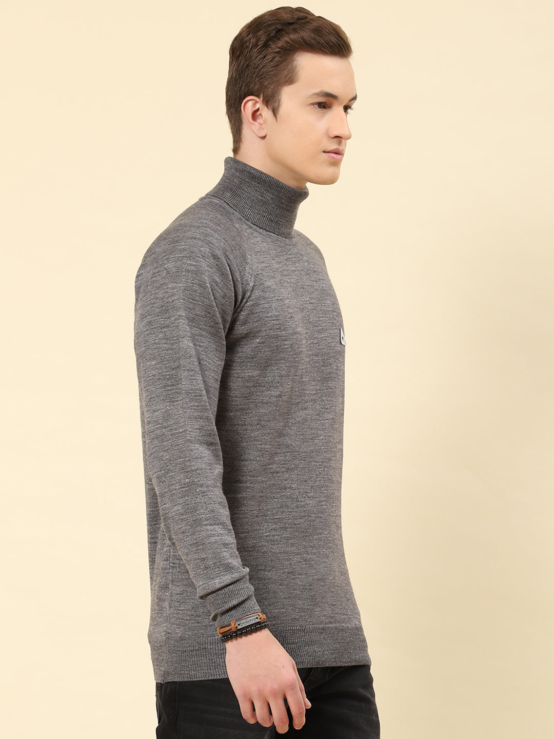 Men Grey Solid Turtle Neck Full Sleeve Pullover