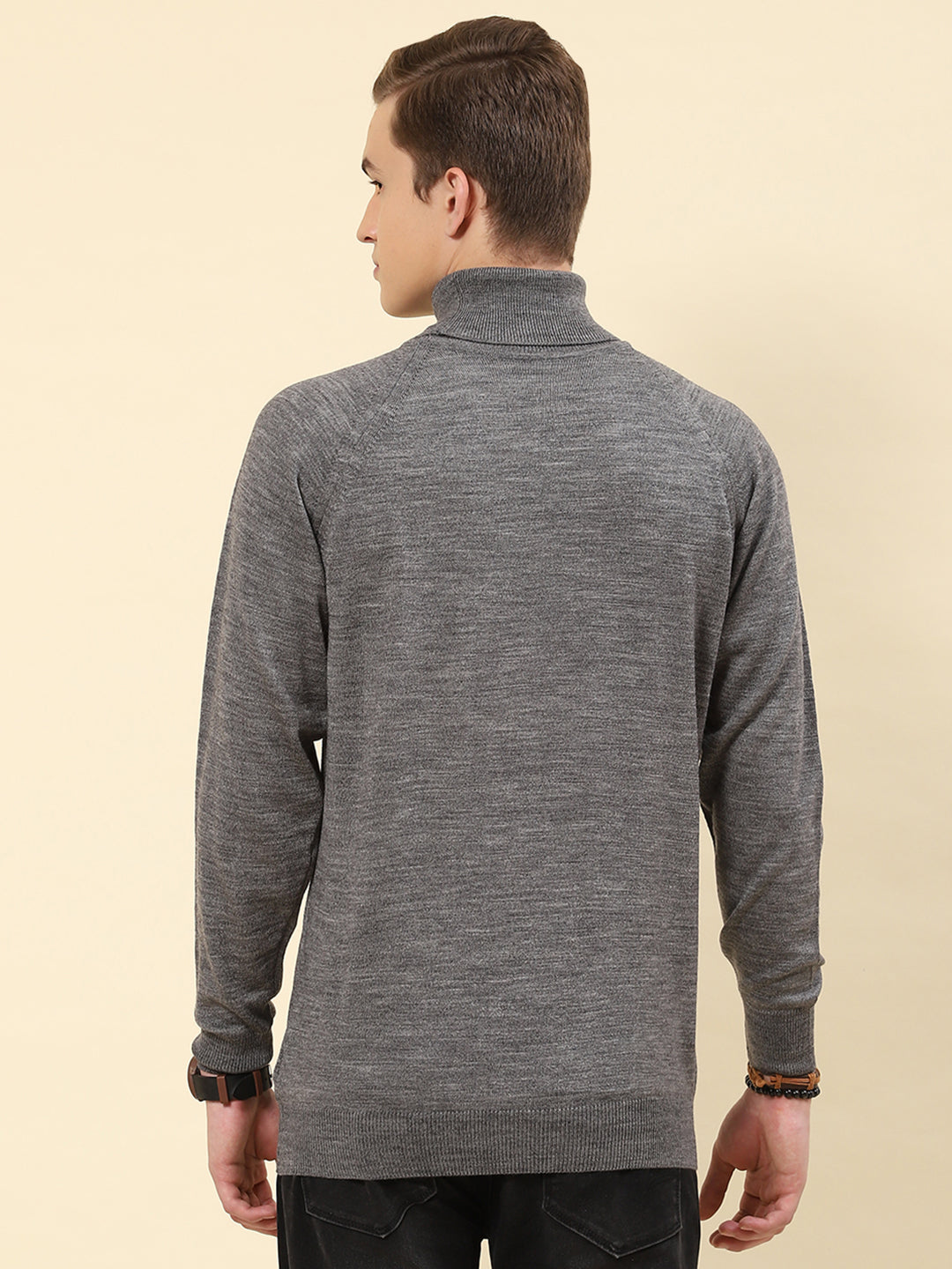 Men Grey Solid Turtle Neck Full Sleeve Pullover