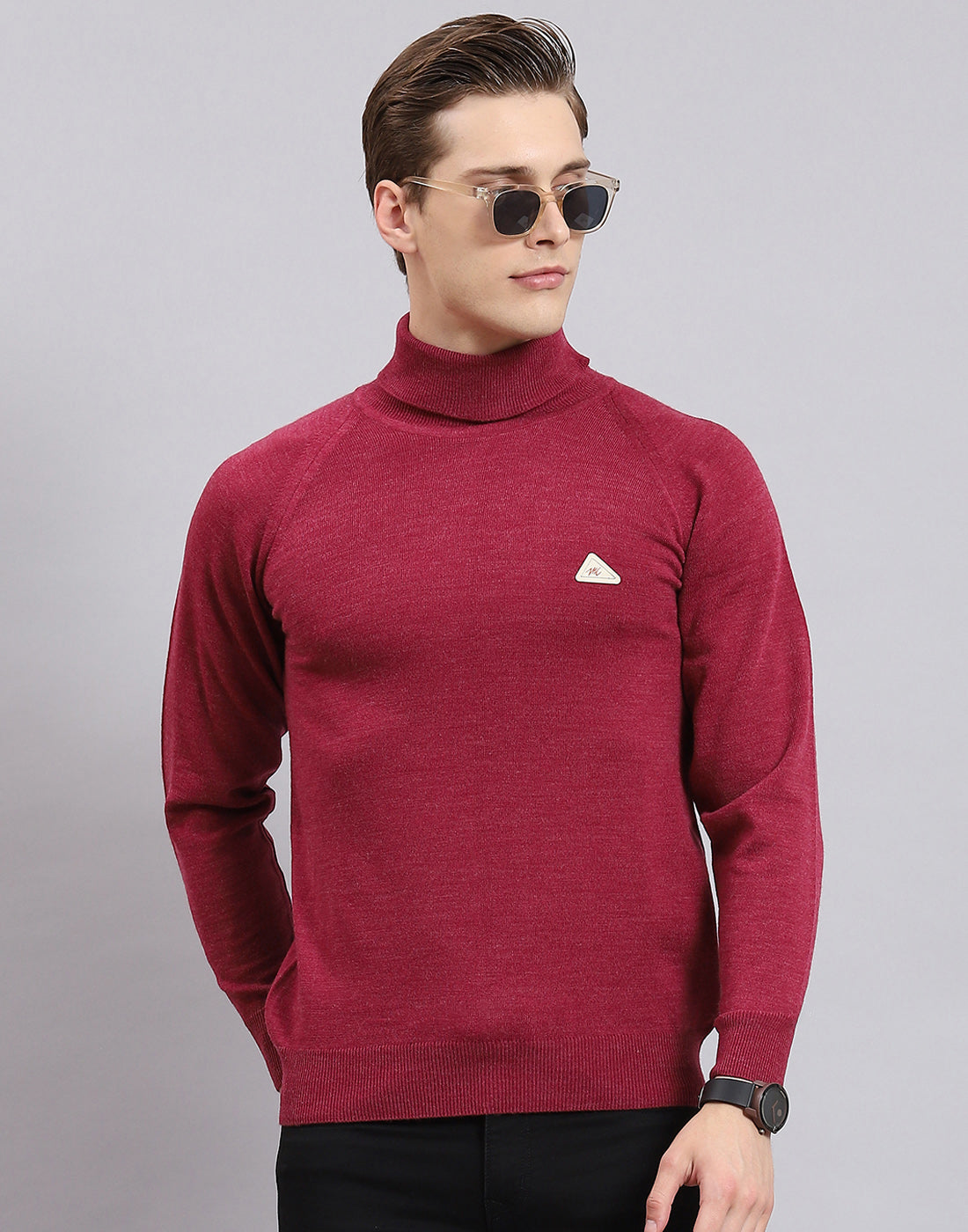 Men Purple Solid High Neck Full Sleeve Pullover