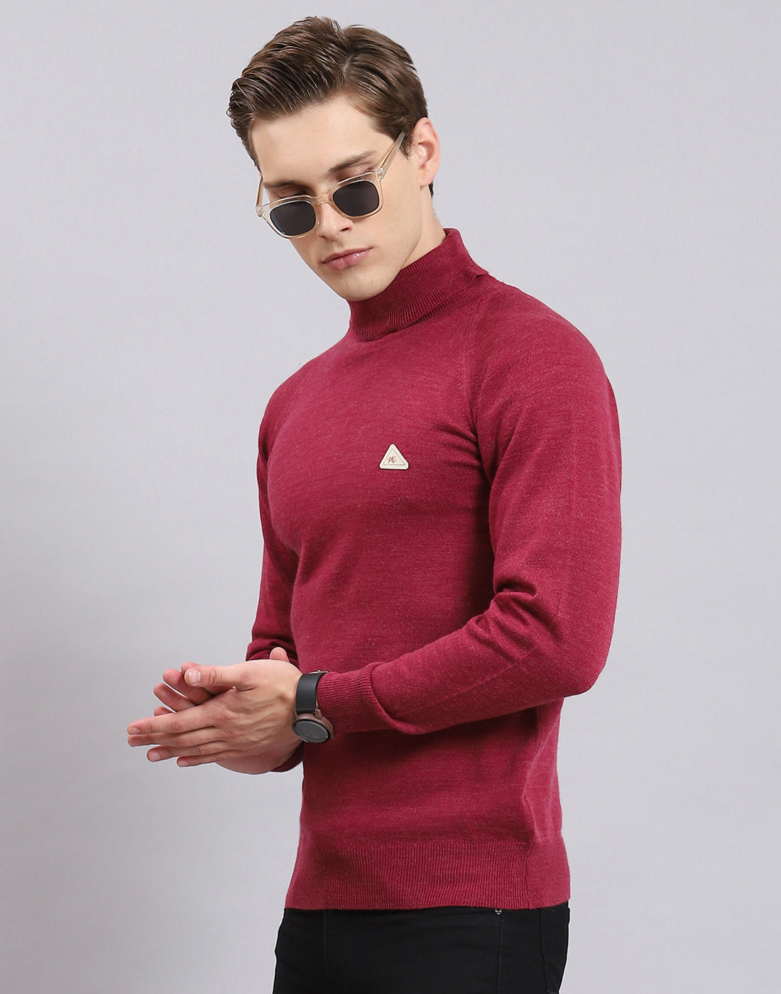 Men Purple Solid High Neck Full Sleeve Pullover