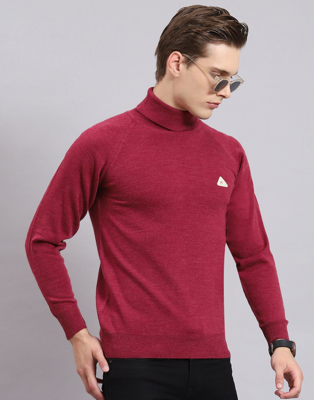 Men Purple Solid High Neck Full Sleeve Pullover