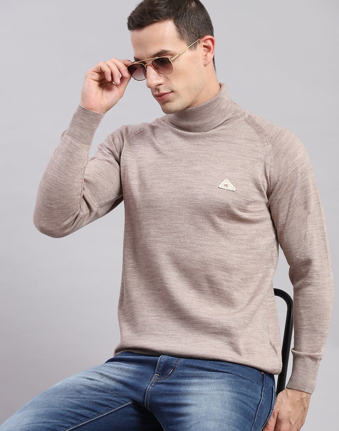 Men Beige Solid High Neck Full Sleeve Pullover