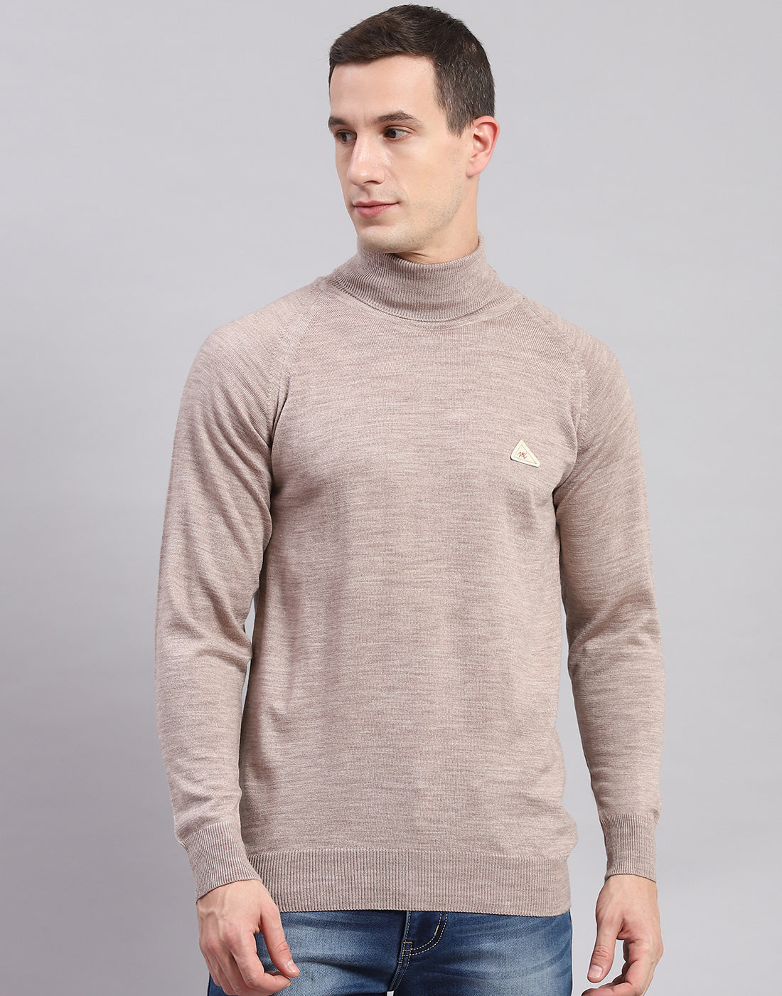 Men Beige Solid High Neck Full Sleeve Pullover