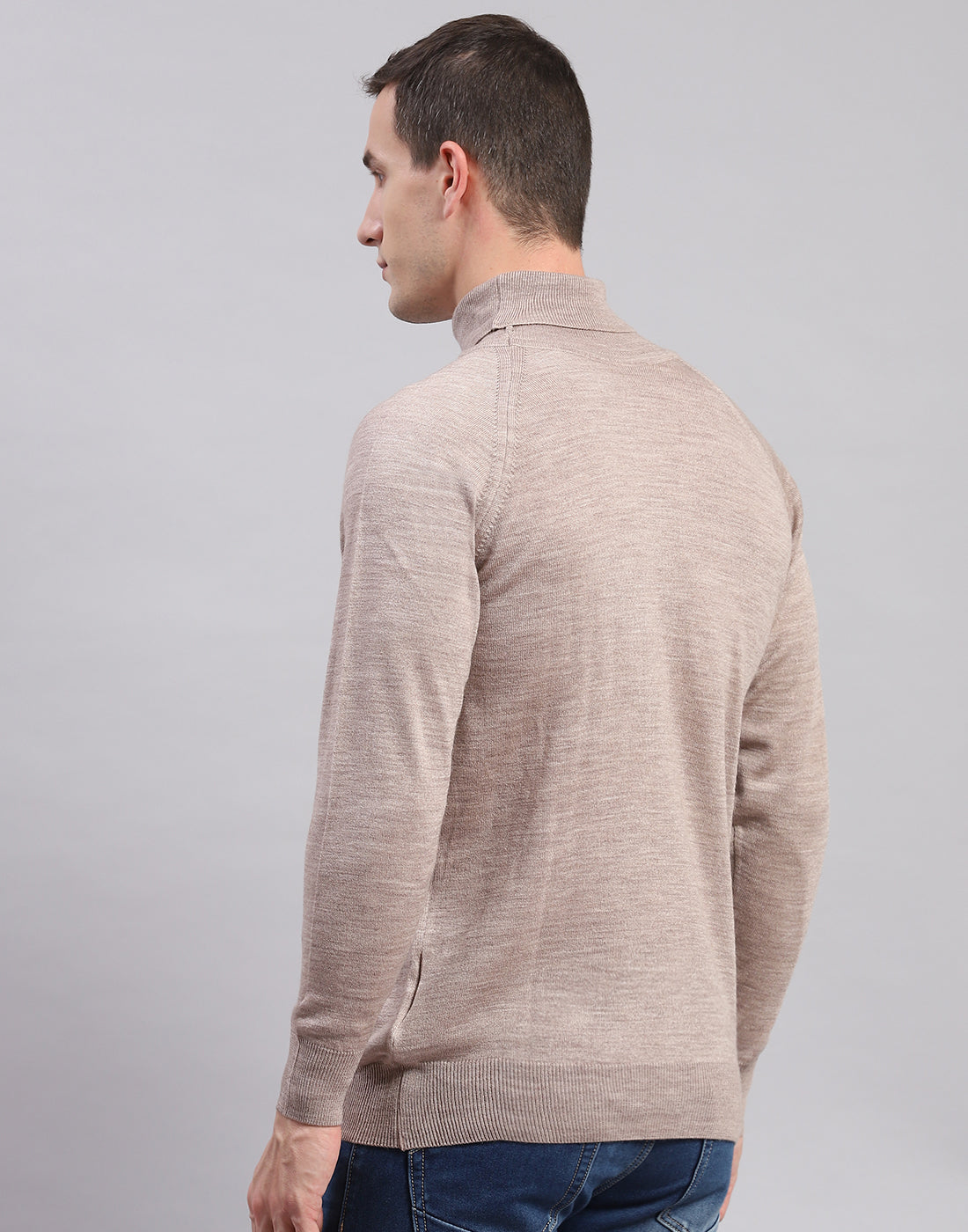 Men Beige Solid High Neck Full Sleeve Pullover