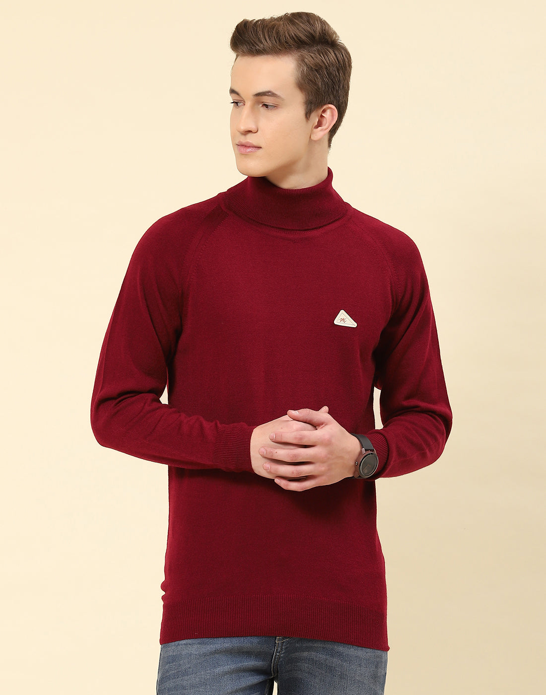 Men Red Solid High Neck Full Sleeve Pullover