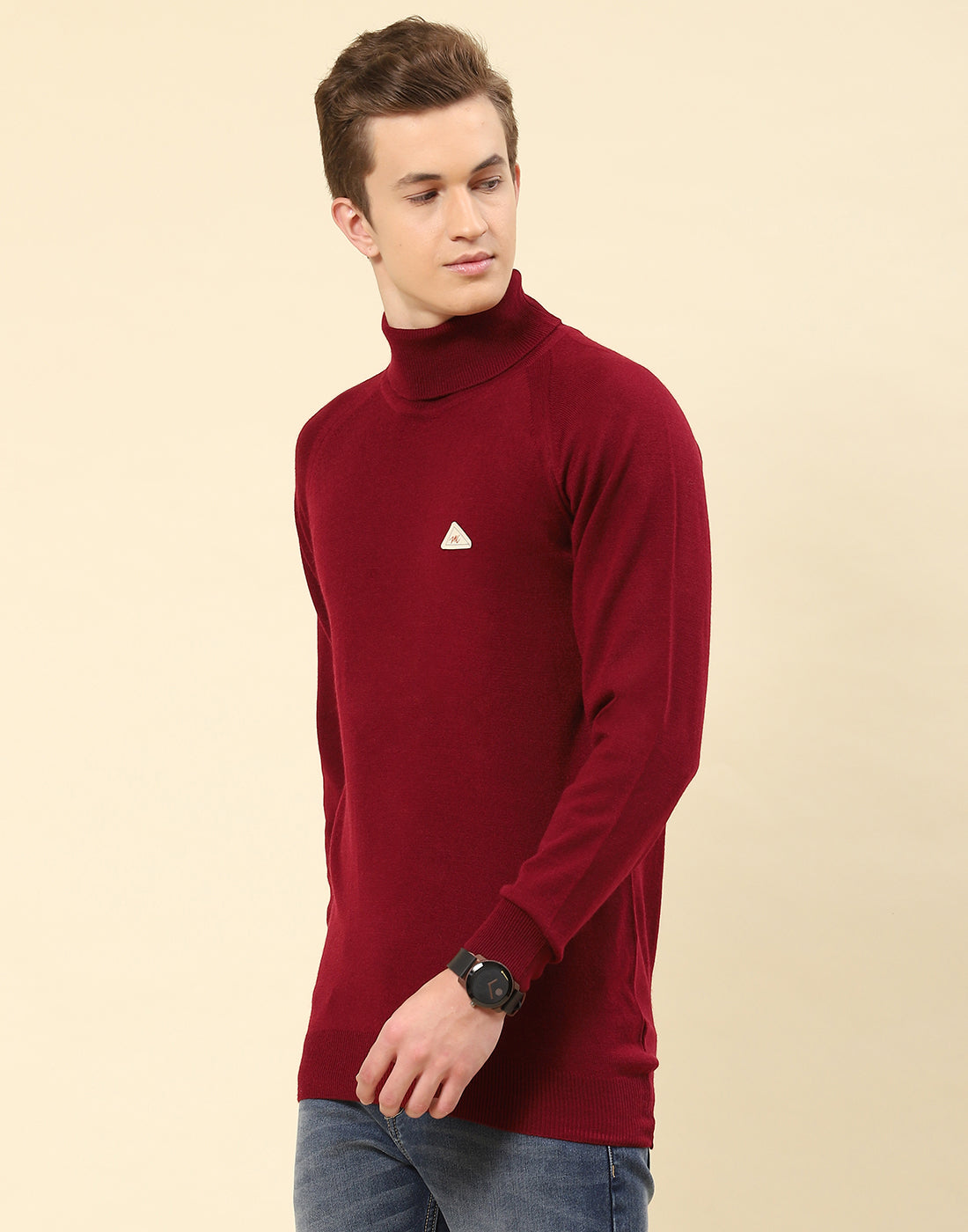 Men Red Solid High Neck Full Sleeve Pullover