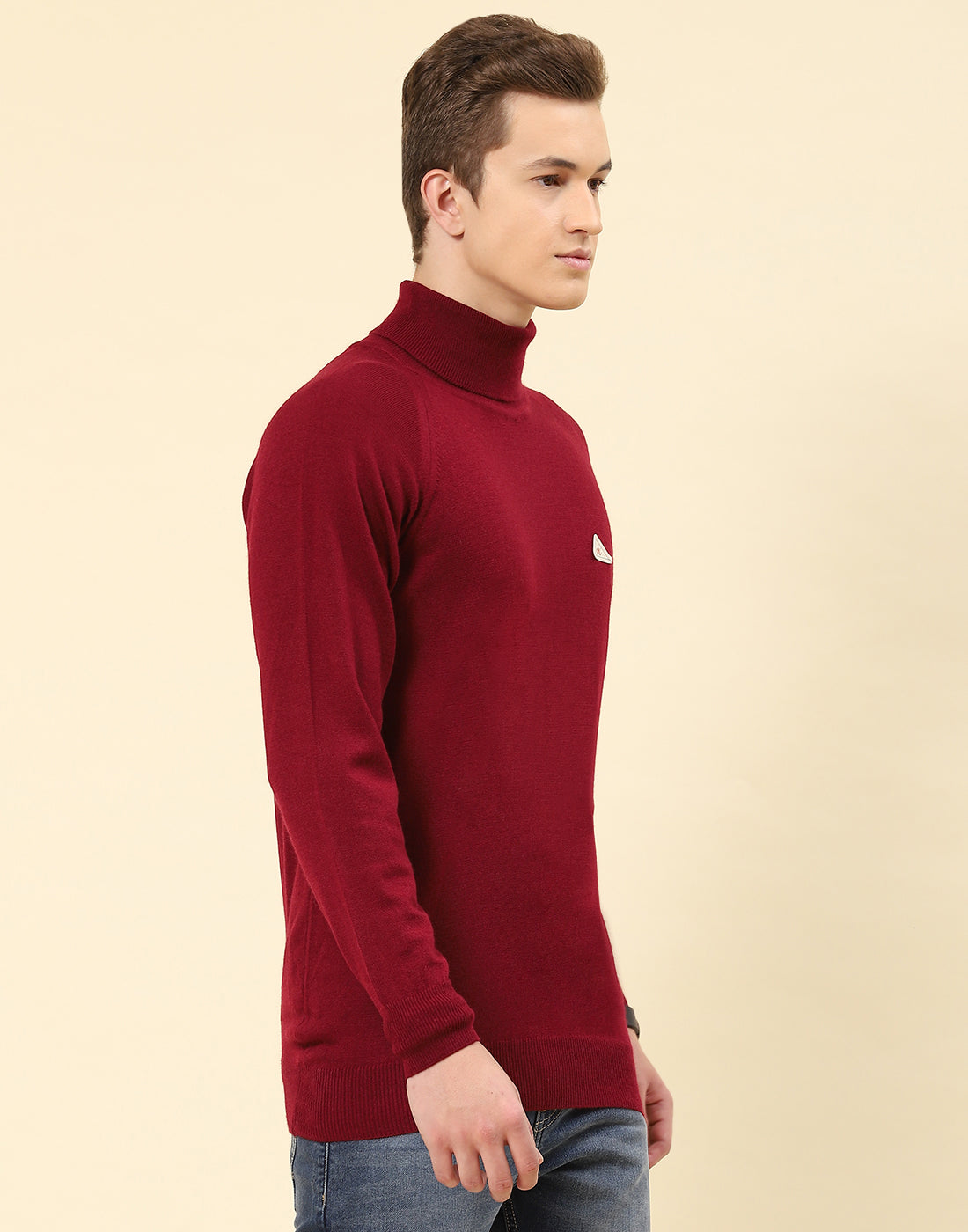 Men Red Solid High Neck Full Sleeve Pullover