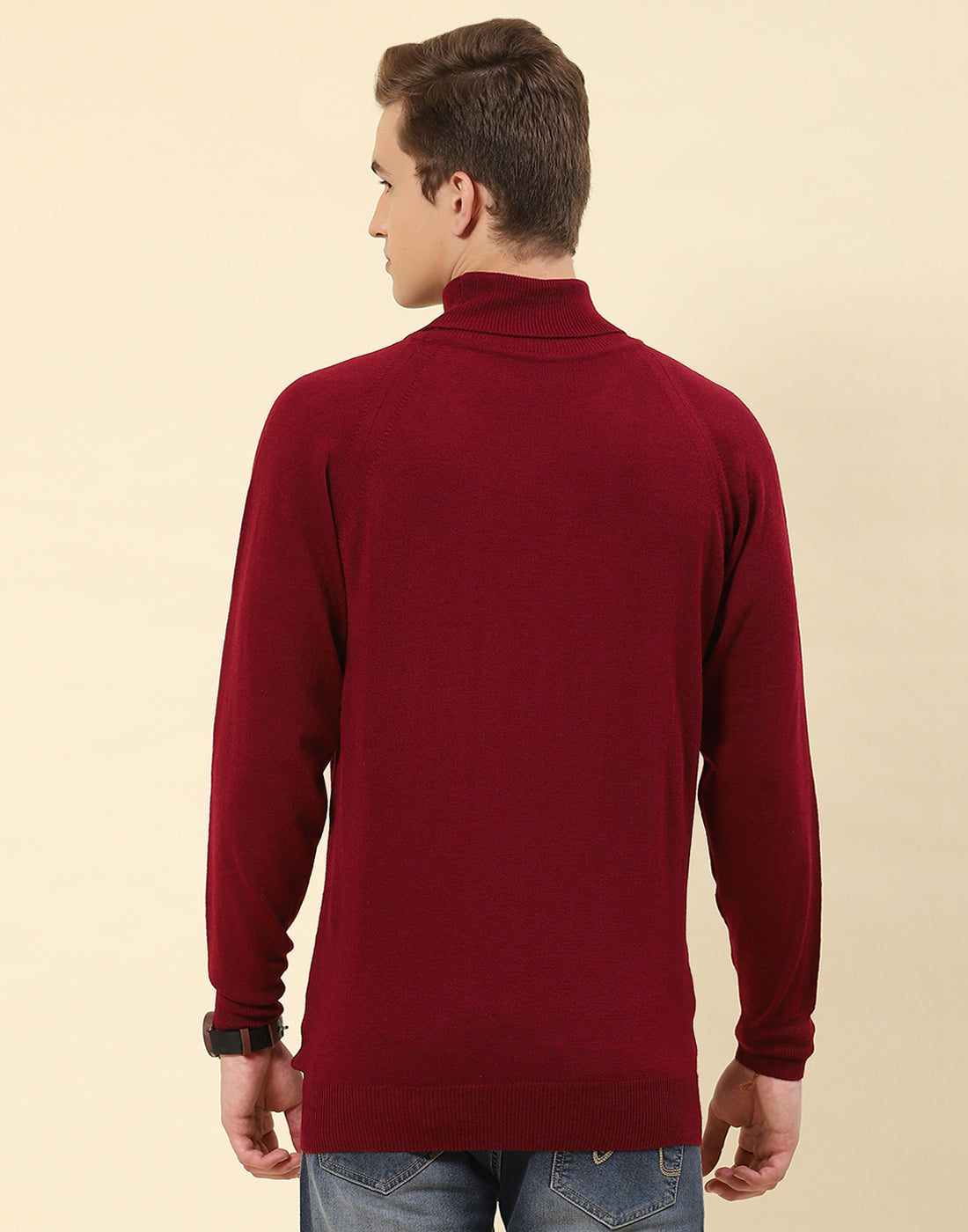 Men Red Solid High Neck Full Sleeve Pullover