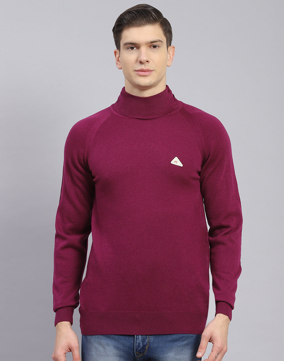 Men Maroon Solid High Neck Full Sleeve Pullover