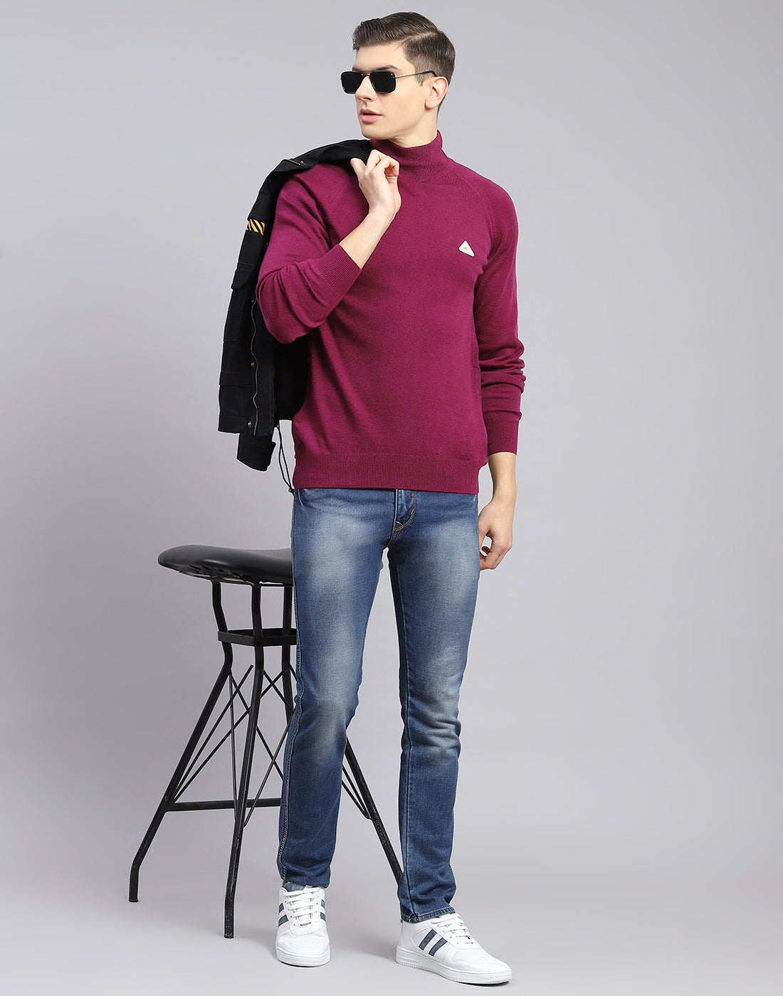 Men Maroon Solid High Neck Full Sleeve Pullover