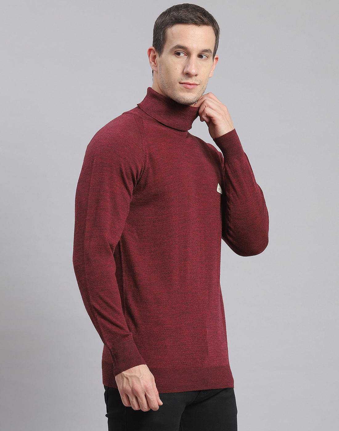 Men Maroon Solid High Neck Full Sleeve Pullover